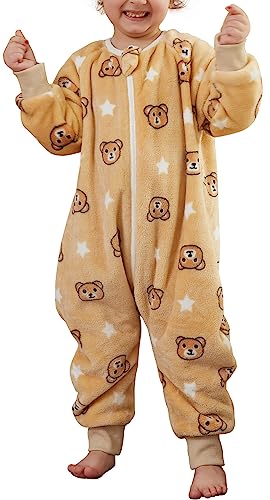 FEOYA Pyjama Junge Mädchen mit Ärmeln Baby Schlafsack Flanell Kinder Schlafsack Winter Herbst Cartoon Kostüm Tier Schlafanzug Set Neugeborenes Braun 1-2 Jahre von FEOYA