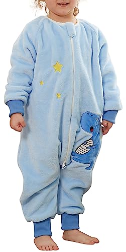 FEOYA Pyjama Junge Mädchen mit Ärmeln Baby Schlafsack Flanell Kinder Schlafsack Winter Herbst Cartoon Kostüm Tier Schlafanzug Set Neugeborenes Dinosaurier Blau 1-2 Jahre von FEOYA