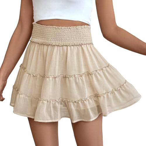 FEOYA Rock Damen Kurz Sommer Casual Minirock mit Short Rüschen Faltenrock Boho Strandrock A Line Freizeitrock Plissiert Geraffter Rock Beige S von FEOYA