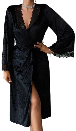 FEOYA Samt-Spitzen-Nachthemd für Damen, tiefer V-Ausschnitt, viktorianische Nachtwäsche, lockeres Nachthemd, Lounge-Nachtwäsche, Homewear, Schwarz , M von FEOYA