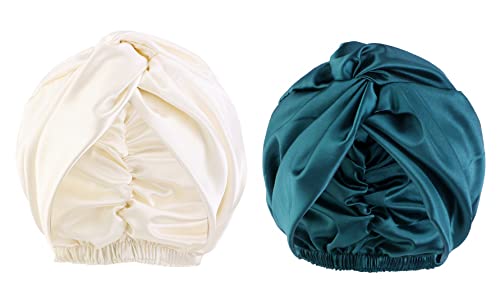 FEOYA Schlafmütze Turban Damen 2 Stück Seide Beanie Mütze Turban Schlafmütze Seiden haube für lockiges Haar mit Gummizug Frauen Haarpflege Seide Haarwickel zum Schlafen Beige+Dunkelgrün Einheitsgröße von FEOYA