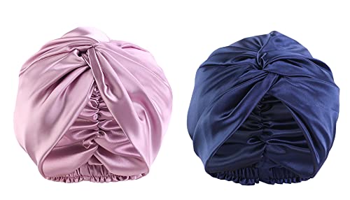 FEOYA Schlafmütze Turban Damen 2 Stück Seide Beanie Mütze Turban Schlafmütze Seiden haube für lockiges Haar mit Gummizug Frauen Haarpflege Seide Haarwickel zum Schlafen Lila+Marineblau Einheitsgröße von FEOYA