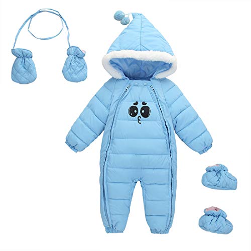 FEOYA - Schneeanzug für Neugeborene und Babys mit Kapuze, Winteranzug mit Handschuhen und Schuhen für Mädchen, warme Jacke, gefüttert - 0-2 Jahre, hellblau, 1-2 Jahre von FEOYA