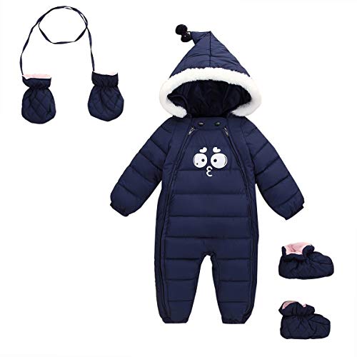 FEOYA - Schneeanzug für Neugeborene und Babys mit Kapuze, Winteranzug mit Handschuhen und Schuhen für Mädchen, warme Jacke, gefüttert - 0-2 Jahre, blau, 1-2 Jahre von FEOYA