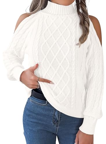 FEOYA Schulterfrei Strickpullover Damen Kalte Schulter Pullover Slim Fit Grobstrick Sweater Frühling Herbst Winter Elegant Langarm Tops Weiß M FEOYA Schulterfrei Strickpullover Damen Kalte Schulter Pullover Slim Fit Grobstrick Sweater Frühling Herbst Winter Elegant Langarm Tops Weiß M von FEOYA