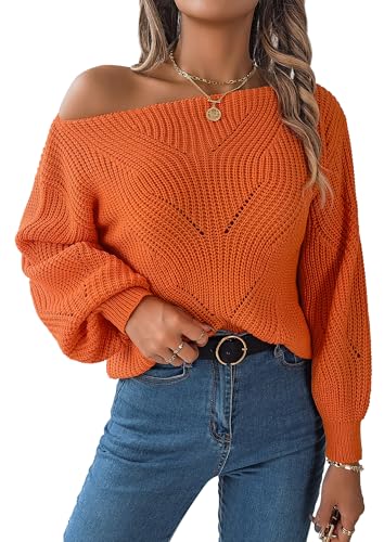 FEOYA Schulterfrei Strickpullover Damen Locker Grobstrick Sweater mit Fledermausärme Casual Knit One Shoulder Pullover Pulli Herbst Winter Orange S von FEOYA