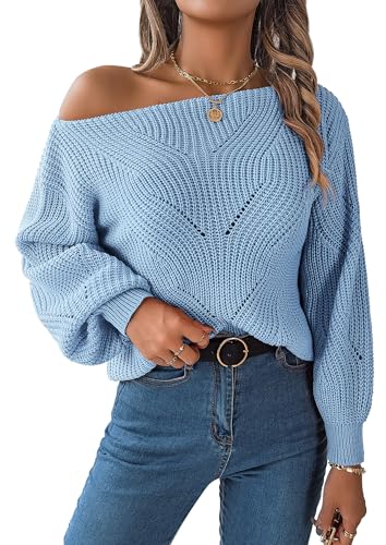 FEOYA Schulterfrei Strickpullover Damen Locker Grobstrick Sweater mit Fledermausärme Casual Knit One Shoulder Pullover Pulli Top Herbst Winter Blau S von FEOYA