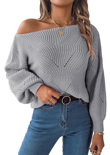 FEOYA Schulterfrei Strickpullover Damen Locker Grobstrick Sweater mit Fledermausärme Casual Knit One Shoulder Pullover Pulli Top Herbst Winter Grau S von FEOYA