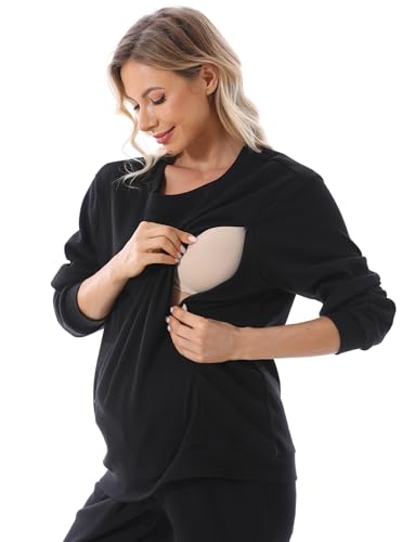FEOYA Schwanger-Pullover Lässig Still Sweatshirt Bequem Reißverschluss Stillpullover Baumwolle Stilloberteile Winter Langarm Stillkleidung 3XL von FEOYA