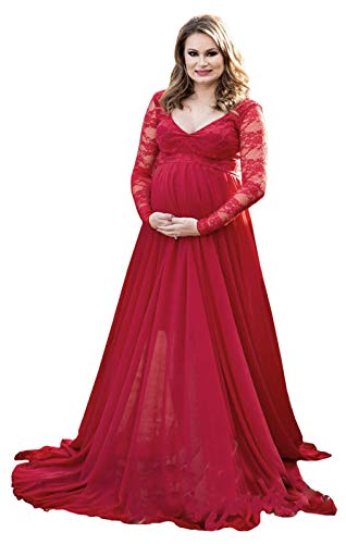 FEOYA Schwangere Frauen Fotografie Schwanger Kleid Maternity Foto Shoot Maxikleid Kleid Umstandskleid Chiffon Kleid Schwangerschaftskleider-Rot-XL von FEOYA