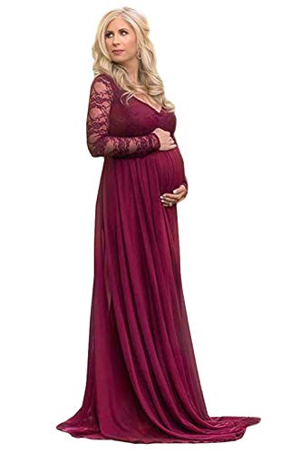 FEOYA Schwangere Frauen Fotografie Schwanger Kleid Maternity Foto Shoot Maxikleid Kleid Umstandskleid Chiffon Kleid Schwangerschaftskleider-Weinrot A-L von FEOYA