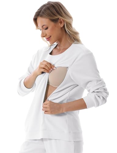 FEOYA Schwangere Langarm Stillshirt Umstandsmode Maternity-Shirt Schwangerschaft Baumwolle Rundhals Stilltop Einfarbig Sweatshirt zum Stillen M von FEOYA