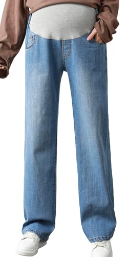 FEOYA Schwangerschaftshose Jeans Schmale Lässige Lose Hose für Schwangere Hohe Taille Stretch Mutterschaft Buttery Soft Umstandskleidung Blau M von FEOYA