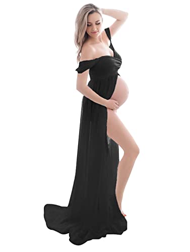 FEOYA - Schwangerschaftskleid Fotoshooting Damen Maxi Lange Umstandskleider Elegant für Mütter Geschenke Festlich Party Schwangere Kleid Frauen Chiffon für Fotografie Requisiten - Schwarz - M von FEOYA