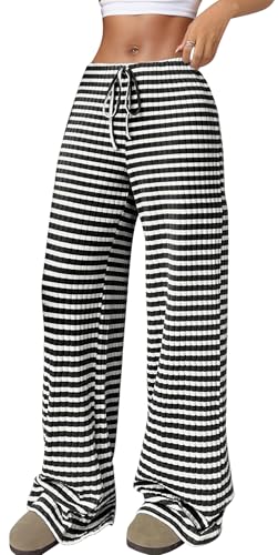 FEOYA Schwarz Weiß Gestreift Frau Weites Bein Tunnelzug Hose Freizeithosen Jogginghose XL von FEOYA
