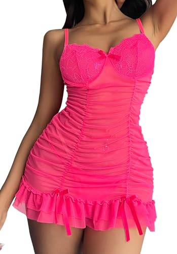 FEOYA Sexy Dessous Damen Rüschen Durchsichtiges Nachthemd Spitze Babydoll Chemise Nachthemden Mesh Bowknot Nachtwäsche mit Tanga 2-Rose XL von FEOYA