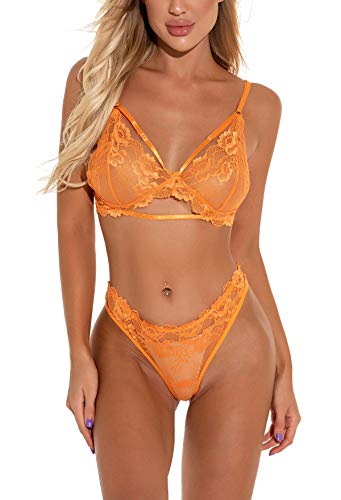 FEOYA Sexy Dessous Set Damen Spitze Reizwäsche Unterwäsche Spitzen-BH Ouvert und Slip Orange L von FEOYA