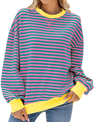FEOYA Shirt Gestreift Damen Oversized Sweatshirt Lässig Mode Y2K Shirt Casual Loose Striped Oberteile Tops Herbst Winter Outdoor Sport L von FEOYA