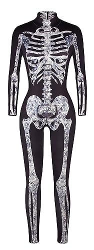 FEOYA Skelett Overall Halloween Kostüm Damen Jumpsuit Knochen Skeleton Anzug Karneval Fasching Skelett Cosplay - XL von FEOYA