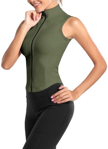 FEOYA Slim Fit Full Zip Sportweste für Frauen Workout Gym Crop Tops Ärmellos Yoga Laufen Tanktops Skinny Sport Gym Weste Top Damen Schnelltrocknend Sportlich Ärmellose Shirts Fitness Top Grün M von FEOYA