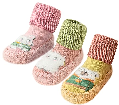 FEOYA Socken Winter Rutschfeste Baby Boden Strümpfe Baumwolle Mädchen Bodensocken Mittlere Länge Herbst Reptilien Jungen Gedruckte Krabbelsocken Kinder 3 Paare 6-12 Monate von FEOYA