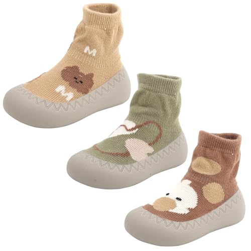 FEOYA Sockenschuhe Anti-Rutsch Baby Boden Socken Gummi Weiche Unterseite Baumwolle Mädchen Kriecher Strümpfe Tier Jungen Gedruckte Krabbelsocken Kinder 3 Paare 12-18 Monate von FEOYA