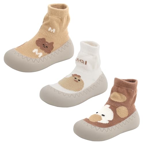 FEOYA Sockenschuhe Anti-Rutsch Baby Boden Socken Gummi Weiche Unterseite Baumwolle Mädchen Kriecher Strümpfe Tier Jungen Gedruckte Krabbelsocken Kinder 3 Paare 18-24 Monate von FEOYA