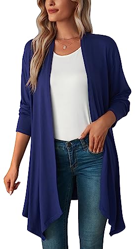 FEOYA Sommer Mantel Langarm Damen Strickjacke Lang Leichter Lockere Jacke Cardigan Dünne Elegante Blusen Knit Long Cardigan M von FEOYA