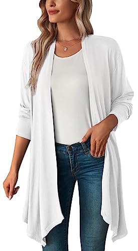 FEOYA Sommer Mantel Langarm Damen Strickjacke Lang Leichter Lockere Jacke Cardigan Dünne Elegante Blusen Knit Long Cardigan M von FEOYA