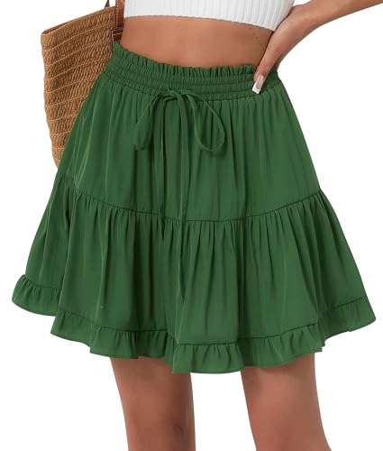 FEOYA Sommer Rock Kurz Damen Rüschen Faltenrock Casual Minirock Plissee Boho Skaterrock mit Shorts Strand Urlaub Ruffle Skirt Grün S von FEOYA