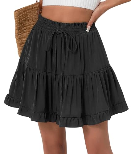 FEOYA Sommer Rock Kurz Damen Rüschen Faltenrock Casual Minirock Plissee Boho Skaterrock mit Shorts Strand Urlaub Ruffle Skirt Schwarz S von FEOYA