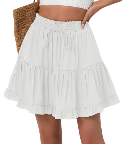 FEOYA Sommer Rock Kurz Damen Rüschen Faltenrock Casual Minirock Plissee Boho Skaterrock mit Shorts Strand Urlaub Ruffle Skirt Weiß L von FEOYA