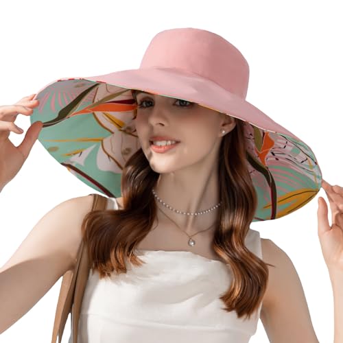 FEOYA Sonnenhut Damen mit Abnehmbar Nackenschutzseil UV Schutz Breite Krempe Sommerhut Sommer Großer Hut UPF 50+ Fischerhut Gartenhut Frauen Reversible Sonnenhut Outdoor A-Rosa Einheitsgröße von FEOYA