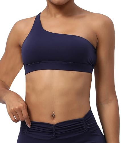 FEOYA Sport BH Eine Schulter Yoga BHS Gepolsterter Yoga BH Crop Top Diagonaler Schultergurt Nahtlose Sport BHS Tank Tops Abnehmbare Gepolsterte Yoga Tops Sportswear Blau XL von FEOYA