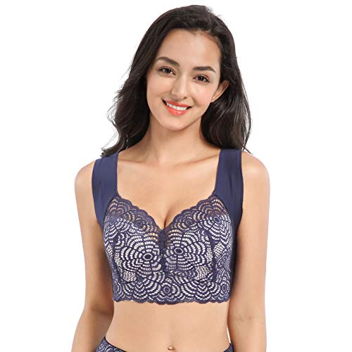 FEOYA Sport Bras Klassisch BHS Ohne Buegel Damen Blumen Spitzen Bra Atmungsaktiv Weich BHS Push-up Schlafen Bralette Cut-Out Bras Seamless Lace Bralette Crop Top Dunkelblau 46/105D von FEOYA