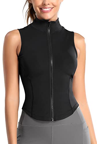 FEOYA Sport T-Shirt Damen Fitness Tops Gym Ärmellose Full Zip Vest Crop Tops von FEOYA