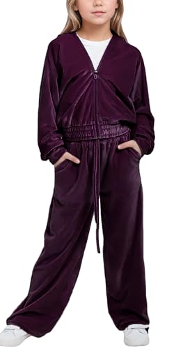 FEOYA Sportanzug Für Mädchen Mit Kapuze Gefütterte Teenager Bekleidungssets Sport Jogginganzug Jogging Trainingsjacke Kinder Trainingsanzug Hose Jogginghose Dunkelviolett 11 12 Jahre von FEOYA