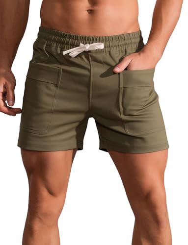 FEOYA Sporthose Herren Kurz Cargoshorts mit Taschen Baumwolle Jogginghose Sweatshorts Casual Sommer Sport Fitness Bodybuilding-Shorts für Männer Armeegrün S von FEOYA