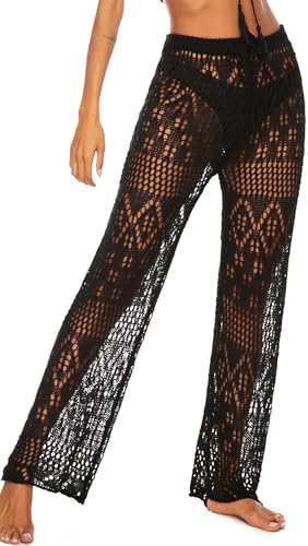 FEOYA Strand Cover Up Hose Damen Gestrickt Durchsichtig Schlaghose mit Elastischer Bund Hohe Taille Netzhose Bikinihosen Häkeln Sommerhose Schwarz S von FEOYA