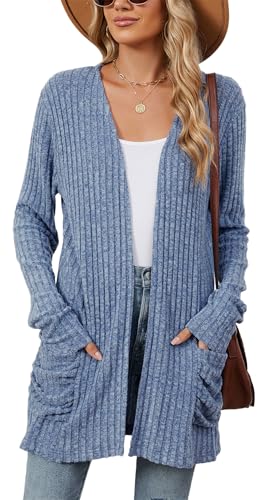 FEOYA Strickjacke Damen Langarm Grobstrick-Cardigan Open Front Sweater Herbst Winter Casual Strickcardigan Pullover mit Taschen XL von FEOYA