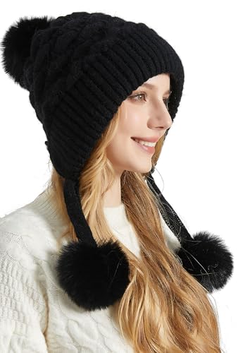 FEOYA Strickmütze für Damen Bommelmütze Wintermütze Kunstfell Mütze Stricken Winter Warme Schädel Pompom Mütze mit Fleece Gefüttert Gestrickte Beanie Ohrklappen Skimütze Frauen Schneemütze Schwarz von FEOYA