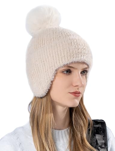 FEOYA Strickmütze für Damen Winter Bommelmütze Wintermütze Warme Kunstfell Mütze Stricken mit Fleecefutter Pompom Beanie Gestrickt Gefüttert Plüsch Skimütze Schneemütze Beige Flauschiger Schädel Hut von FEOYA