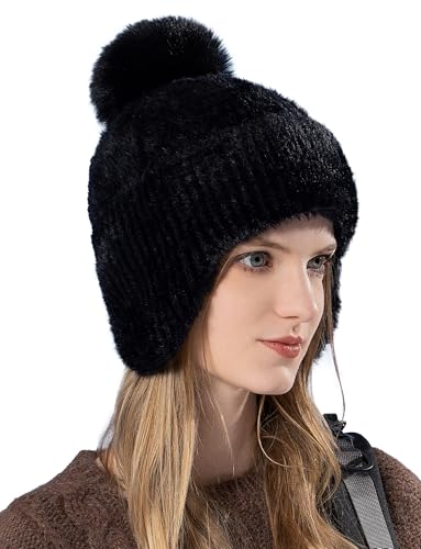 FEOYA Strickmütze für Damen Winter Bommelmütze Wintermütze Warme Kunstfell Mütze Stricken mit Fleecefutter Pompom Beanie Gestrickt Gefüttert Plüsch Skimütze Schneemütze Schwarz Flauschiger Schädel Hut von FEOYA