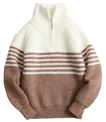 FEOYA Strickpullover für Jungen mit Halb Reißverschluss Gestreiften Pullover Kinder Langarm Warm Sweaters für Herbst Winter Top 10-11 Jahre von FEOYA