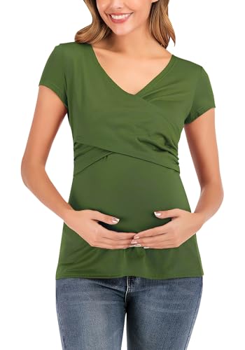 FEOYA T-Shirts für Schwangere Atmungsaktiv Stillen Top V Ausschnitt Stillbluse Casual Bequem Umstandstop Sommer Baumwolle Einfarbig Stillshirt L von FEOYA