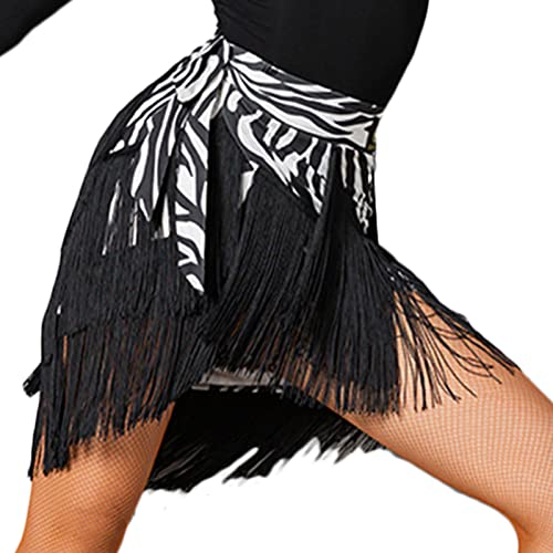 FEOYA Tanzröcke für Damen Zebra-Muster Ballsaal Latein Tanzkleid Fransen Quaste Rock Tanzpraxis Aufführung Hüfttuch beliebte Requisite für Latein-Tanz Gesellschaftstanz Tango Schwarz Einheitsgröße von FEOYA