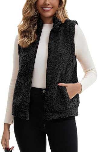 FEOYA Teddy Fleece Weste Damen Fleeceweste Ärmellose Herbstmantel Fell Weste Plüschweste Warm Teddyjacke Weich Pelzjacke mit Taschen Schwarz M von FEOYA
