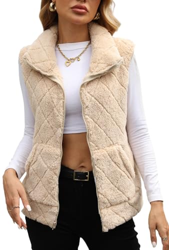 FEOYA Teddy Fleece Weste Damen Plüschweste mit Taschen Lässig Ärmellose Herbstmantel Stehkragen Teddyjacke Winter Beige XL von FEOYA