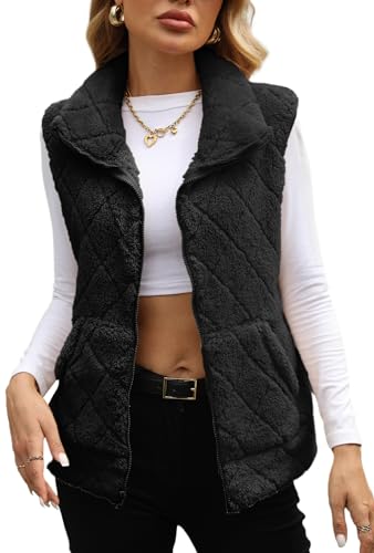 FEOYA Teddy Fleece Weste Damen Plüschweste mit Taschen Lässig Ärmellose Herbstmantel Stehkragen Teddyjacke Winter Schwarz M von FEOYA