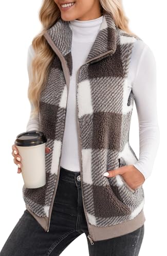 FEOYA Teddy Fleece Weste Damen Warm Plaid Plüschweste mit Taschen Stehkragen Herbstmantel Kurze Ärmellose Winterjacke Braun L von FEOYA